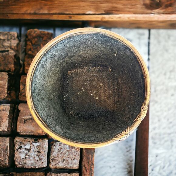 Rattan & Bamboo Basket Planter-Vintage Asian Hand-Woven-Wood Stand-Boho-Storage - Picture 2 of 7